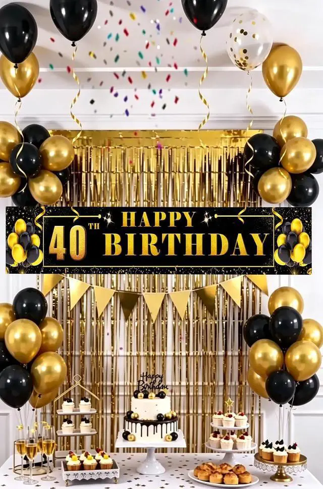 Alt view image 2 of 7 - Happy 40th Birthday Background Banner 118.2"X19.7" Super Large Birthday Sign Poster for Men and Women Anniversary Party Photo Booth Background Banner Decorative Supplies (Black and Gold)