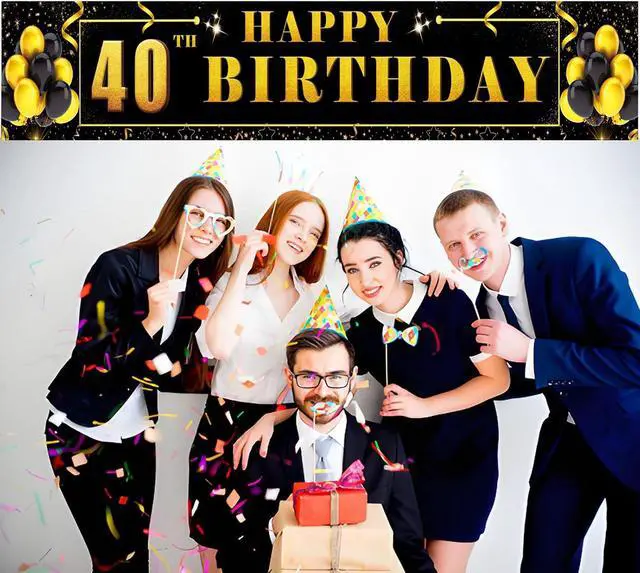 Alt view image 6 of 7 - Happy 40th Birthday Background Banner 118.2"X19.7" Super Large Birthday Sign Poster for Men and Women Anniversary Party Photo Booth Background Banner Decorative Supplies (Black and Gold)