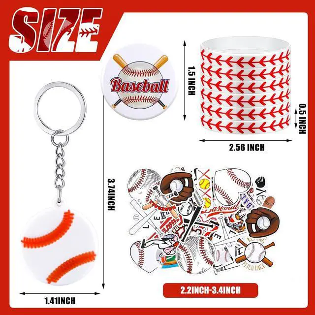 Alt view image 3 of 6 - Tondiamo 86 Pcs Baseball Team Gifts Baseball Party Favors Supplies with 12 Silicone Bracelets, 12 Key Chains, 12 Pin Badges, 50 Waterproof Stickers for Baseballs Birthday Souvenir(Classic)