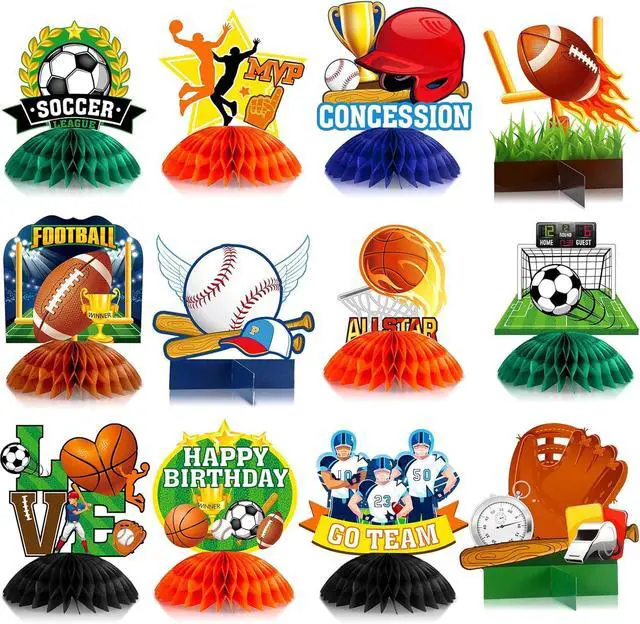 Main image of 12 Pieces Sports Themed Birthday Party Supplies Sports Centerpieces for Kids 3D Football Soccer Baseball Basketball Softball Honeycomb Centerpieces Ball Party Decoration for Boys Kids