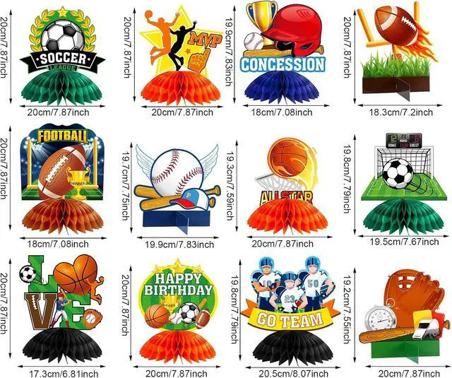 Alt view image 2 of 7 - 12 Pieces Sports Themed Birthday Party Supplies Sports Centerpieces for Kids 3D Football Soccer Baseball Basketball Softball Honeycomb Centerpieces Ball Party Decoration for Boys Kids