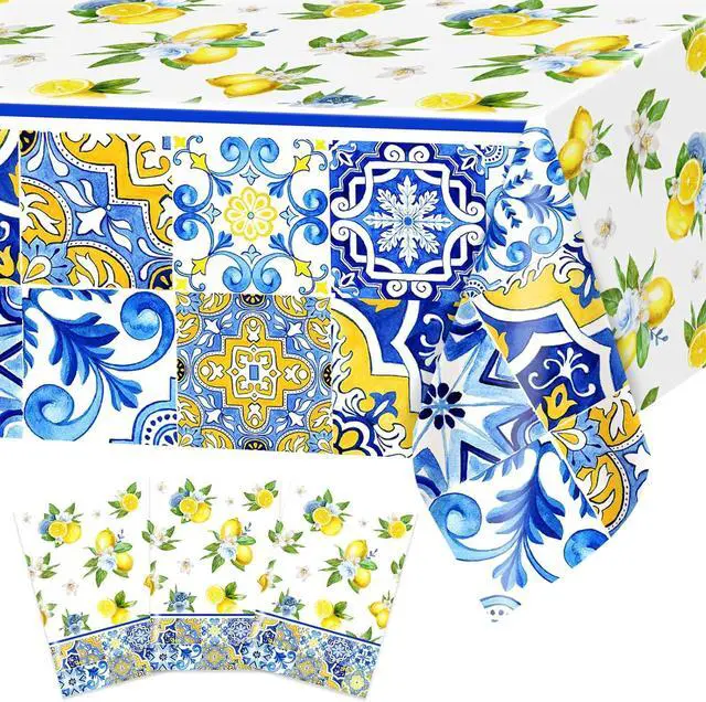 Main image of Avezano 3 pcs Capri Lemon Theme Tablecloths 108x54 inch She Found Her Main Squeeze Bridal Shower Tablecloths Disposable Lemon Baby Shower Birthday Party Decorations