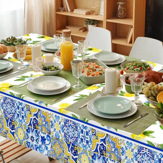 Alt view image 4 of 7 - Avezano 3 pcs Capri Lemon Theme Tablecloths 108x54 inch She Found Her Main Squeeze Bridal Shower Tablecloths Disposable Lemon Baby Shower Birthday Party Decorations