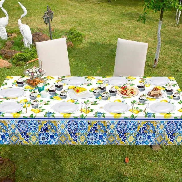 Alt view image 5 of 7 - Avezano 3 pcs Capri Lemon Theme Tablecloths 108x54 inch She Found Her Main Squeeze Bridal Shower Tablecloths Disposable Lemon Baby Shower Birthday Party Decorations