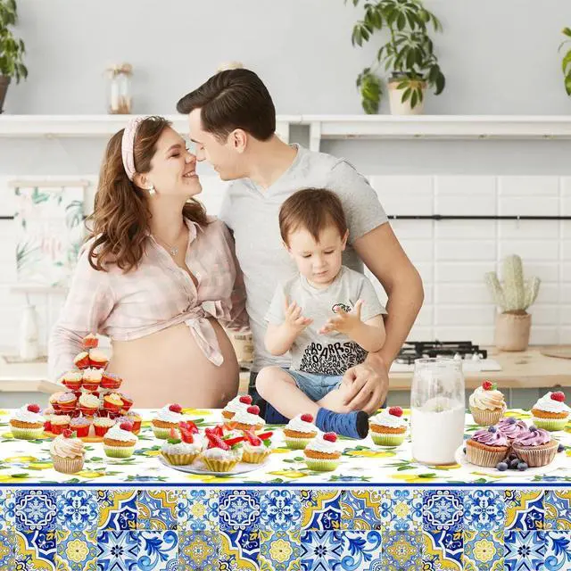 Alt view image 6 of 7 - Avezano 3 pcs Capri Lemon Theme Tablecloths 108x54 inch She Found Her Main Squeeze Bridal Shower Tablecloths Disposable Lemon Baby Shower Birthday Party Decorations