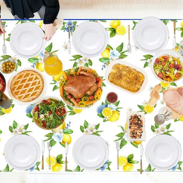 Alt view image 7 of 7 - Avezano 3 pcs Capri Lemon Theme Tablecloths 108x54 inch She Found Her Main Squeeze Bridal Shower Tablecloths Disposable Lemon Baby Shower Birthday Party Decorations