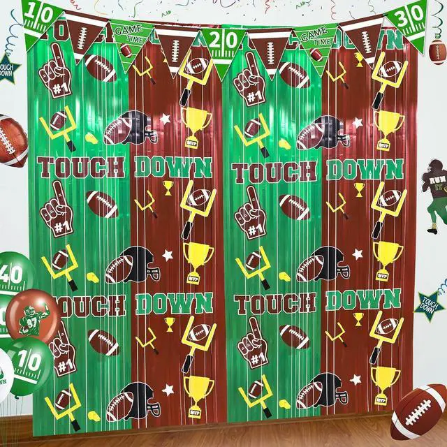 Main image of Football Party Decorations Foil Fringe Curtains, 2 Pack 3.3x6.6ft Green Brown Tinsel Backdrop for Sunday Night Football Game Day Photo Booth Backdrops American Football Party Decorations