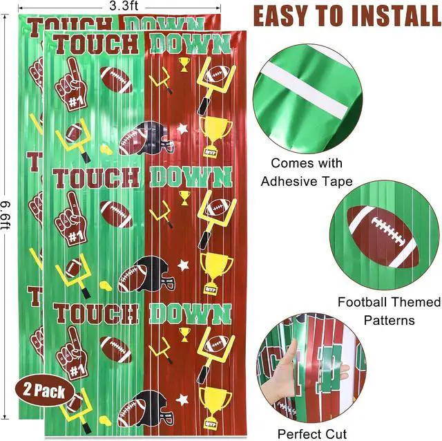 Alt view image 2 of 6 - Football Party Decorations Foil Fringe Curtains, 2 Pack 3.3x6.6ft Green Brown Tinsel Backdrop for Sunday Night Football Game Day Photo Booth Backdrops American Football Party Decorations