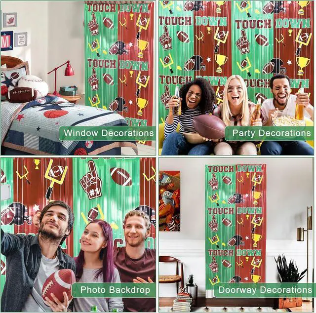 Alt view image 3 of 6 - Football Party Decorations Foil Fringe Curtains, 2 Pack 3.3x6.6ft Green Brown Tinsel Backdrop for Sunday Night Football Game Day Photo Booth Backdrops American Football Party Decorations