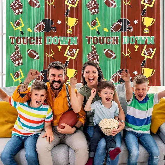 Alt view image 4 of 6 - Football Party Decorations Foil Fringe Curtains, 2 Pack 3.3x6.6ft Green Brown Tinsel Backdrop for Sunday Night Football Game Day Photo Booth Backdrops American Football Party Decorations