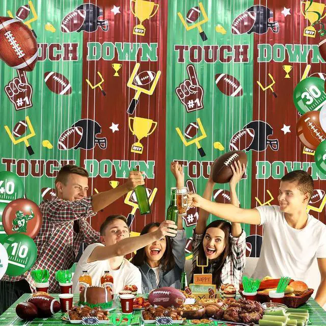 Alt view image 5 of 6 - Football Party Decorations Foil Fringe Curtains, 2 Pack 3.3x6.6ft Green Brown Tinsel Backdrop for Sunday Night Football Game Day Photo Booth Backdrops American Football Party Decorations