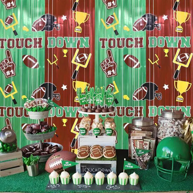 Alt view image 6 of 6 - Football Party Decorations Foil Fringe Curtains, 2 Pack 3.3x6.6ft Green Brown Tinsel Backdrop for Sunday Night Football Game Day Photo Booth Backdrops American Football Party Decorations