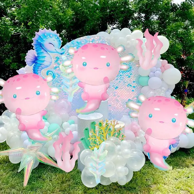 Alt view image 6 of 7 - 6Pcs Axolotl Balloons/Cute Axolotl Birthday Party Decorations/Aluminum Foil Axolotl Inflatable Balloon for Summer Beach Party Supplies/Animal Protection Theme Activities/Summer Camps/Beach Picnics