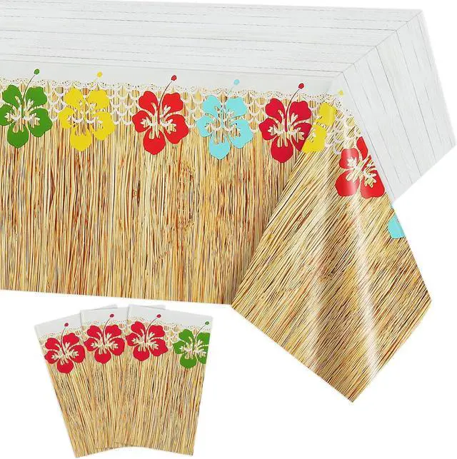 Main image of PHOGARY 3 Pieces Hawaiian Luau Party Tablecloth Grass Skirt Tablecloths Wood Grain Flowers Plastic Table Covers Waterproof Table Cloth for Hawaii Luau Party Decoration Supplies, 51 x 86 inches
