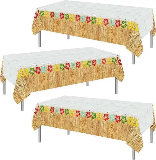 Alt view image 2 of 7 - PHOGARY 3 Pieces Hawaiian Luau Party Tablecloth Grass Skirt Tablecloths Wood Grain Flowers Plastic Table Covers Waterproof Table Cloth for Hawaii Luau Party Decoration Supplies, 51 x 86 inches