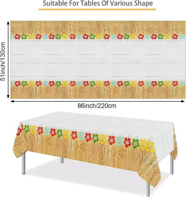 Alt view image 3 of 7 - PHOGARY 3 Pieces Hawaiian Luau Party Tablecloth Grass Skirt Tablecloths Wood Grain Flowers Plastic Table Covers Waterproof Table Cloth for Hawaii Luau Party Decoration Supplies, 51 x 86 inches