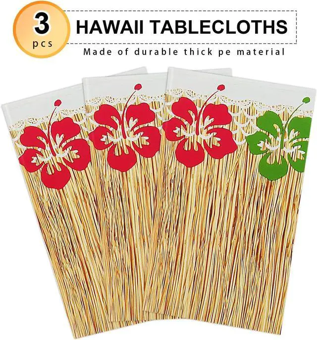 Alt view image 4 of 7 - PHOGARY 3 Pieces Hawaiian Luau Party Tablecloth Grass Skirt Tablecloths Wood Grain Flowers Plastic Table Covers Waterproof Table Cloth for Hawaii Luau Party Decoration Supplies, 51 x 86 inches