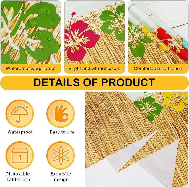 Alt view image 5 of 7 - PHOGARY 3 Pieces Hawaiian Luau Party Tablecloth Grass Skirt Tablecloths Wood Grain Flowers Plastic Table Covers Waterproof Table Cloth for Hawaii Luau Party Decoration Supplies, 51 x 86 inches