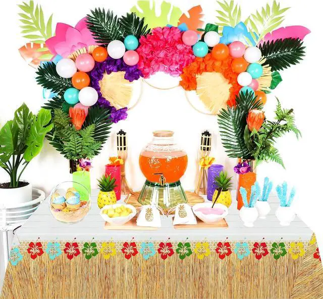 Alt view image 6 of 7 - PHOGARY 3 Pieces Hawaiian Luau Party Tablecloth Grass Skirt Tablecloths Wood Grain Flowers Plastic Table Covers Waterproof Table Cloth for Hawaii Luau Party Decoration Supplies, 51 x 86 inches