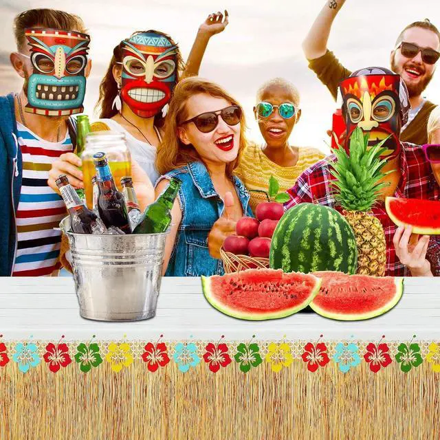 Alt view image 7 of 7 - PHOGARY 3 Pieces Hawaiian Luau Party Tablecloth Grass Skirt Tablecloths Wood Grain Flowers Plastic Table Covers Waterproof Table Cloth for Hawaii Luau Party Decoration Supplies, 51 x 86 inches