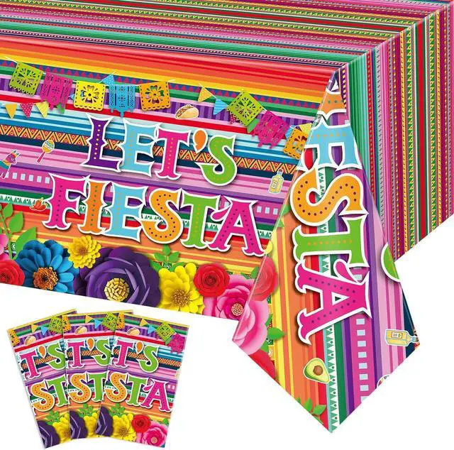 Main image of Moukeren 3-Pack Fiesta Theme Party Tablecloths, 54 x 108 Inch, Multicolor, Plastic, Rectangular, Waterproof, Solid, Non-Toxic, Mexican Fiesta, Cinco de Mayo, Taco Night, Tropical Birthday Parties