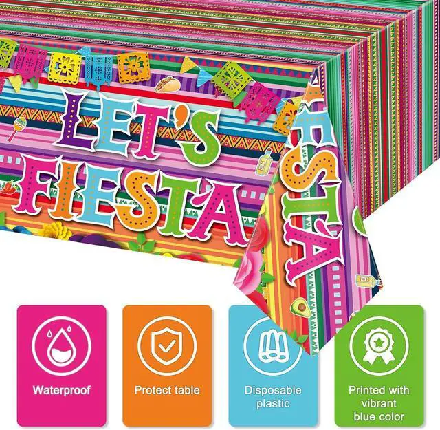 Alt view image 3 of 7 - Moukeren 3-Pack Fiesta Theme Party Tablecloths, 54 x 108 Inch, Multicolor, Plastic, Rectangular, Waterproof, Solid, Non-Toxic, Mexican Fiesta, Cinco de Mayo, Taco Night, Tropical Birthday Parties