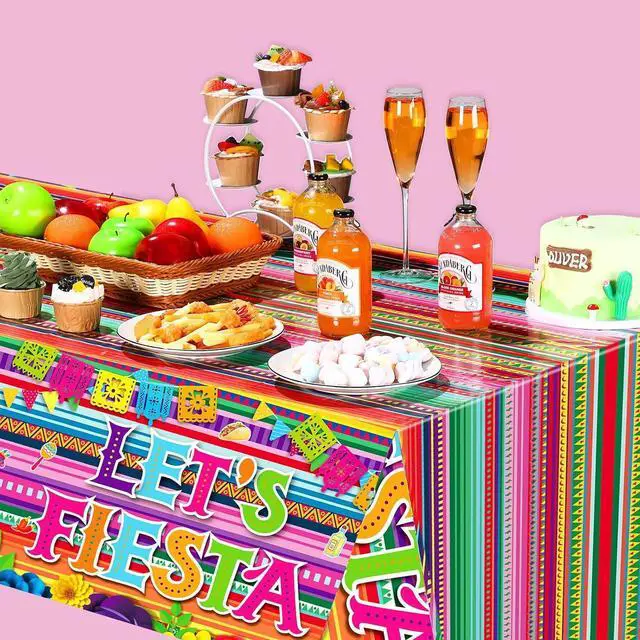 Alt view image 5 of 7 - Moukeren 3-Pack Fiesta Theme Party Tablecloths, 54 x 108 Inch, Multicolor, Plastic, Rectangular, Waterproof, Solid, Non-Toxic, Mexican Fiesta, Cinco de Mayo, Taco Night, Tropical Birthday Parties