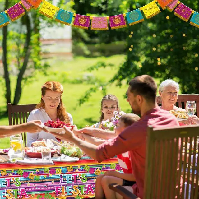 Alt view image 7 of 7 - Moukeren 3-Pack Fiesta Theme Party Tablecloths, 54 x 108 Inch, Multicolor, Plastic, Rectangular, Waterproof, Solid, Non-Toxic, Mexican Fiesta, Cinco de Mayo, Taco Night, Tropical Birthday Parties