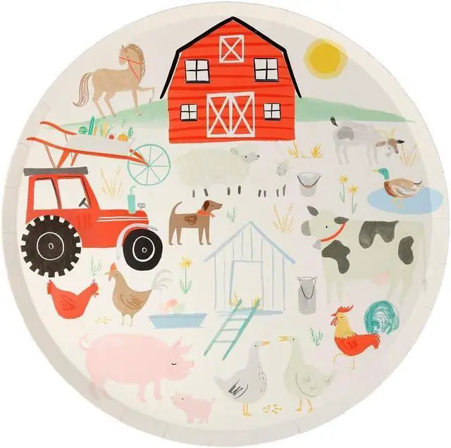Alt view image 3 of 3 - Meri Meri On The Farm Party Plates, Pack of 8 Disposable Paper Plates with Cute, Illustrative Details Great for Farm Themed Party Decorations, Farm Birthday Decorations, and More