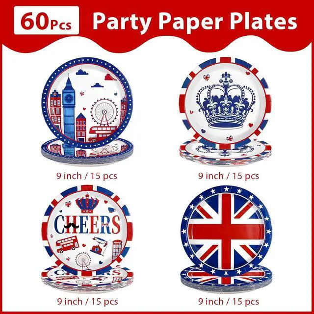 Alt view image 3 of 7 - 60 Pcs British Party Decorations Union Jack Paper Plates - 9" Heavy Duty Britain UK Flag Paper Plates Disposable London Tableware for Union Jack Birthday London National Party Decorations
