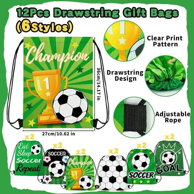 Alt view image 4 of 7 - Japior 172 Pcs Soccer Party Favors Set for Boys, Drawstring Goodie Bags Mini Stress Soccer Keychains with Slap Bracelets Tattoo 100 Themed Stickers for Soccer Birthday Party Decorations Supplies