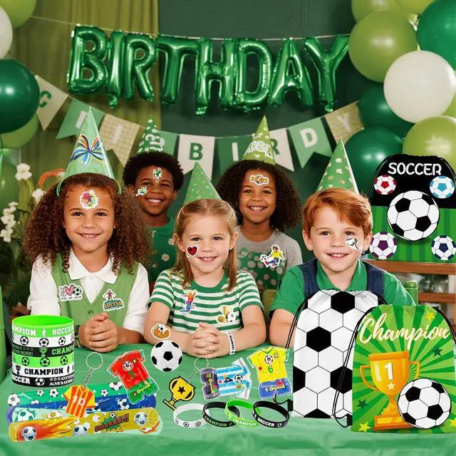 Alt view image 6 of 7 - Japior 172 Pcs Soccer Party Favors Set for Boys, Drawstring Goodie Bags Mini Stress Soccer Keychains with Slap Bracelets Tattoo 100 Themed Stickers for Soccer Birthday Party Decorations Supplies