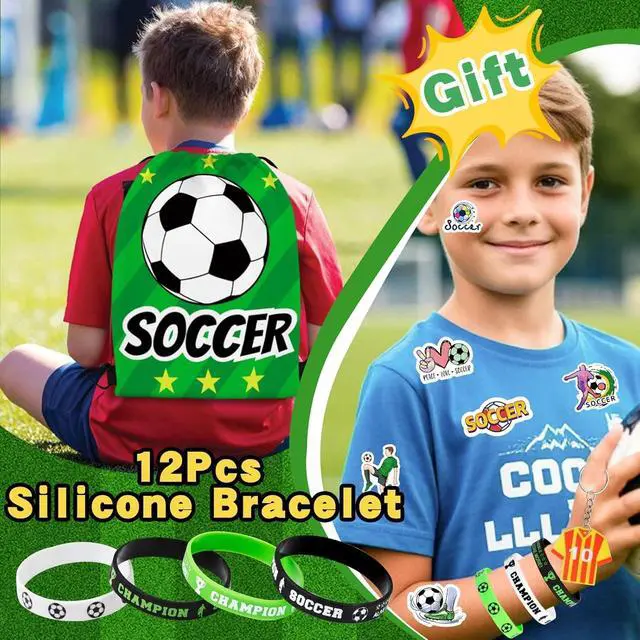 Alt view image 2 of 7 - Japior 172 Pcs Soccer Party Favors Set for Boys, Drawstring Goodie Bags Mini Stress Soccer Keychains with Slap Bracelets Tattoo 100 Themed Stickers for Soccer Birthday Party Decorations Supplies