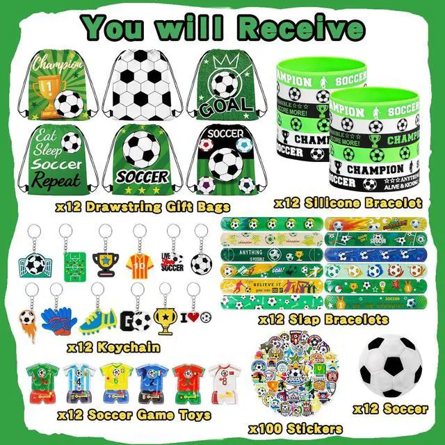 Alt view image 3 of 7 - Japior 172 Pcs Soccer Party Favors Set for Boys, Drawstring Goodie Bags Mini Stress Soccer Keychains with Slap Bracelets Tattoo 100 Themed Stickers for Soccer Birthday Party Decorations Supplies