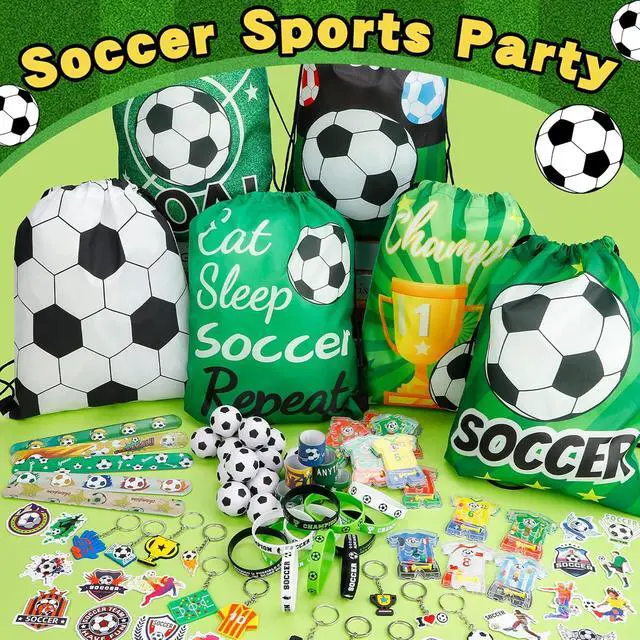 Alt view image 7 of 7 - Japior 172 Pcs Soccer Party Favors Set for Boys, Drawstring Goodie Bags Mini Stress Soccer Keychains with Slap Bracelets Tattoo 100 Themed Stickers for Soccer Birthday Party Decorations Supplies