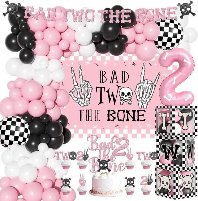Main image of Costova Bad Two the Bone Party Decorations Girl 110 PCs Bad 2 the Bone Party Supplies with Backdrop, Balloon Garland, Banner, Cake Topper, Balloon Boxes, Cupcake Toppers, Cut-Outs