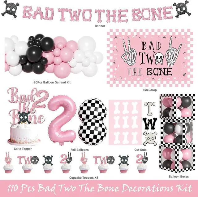 Alt view image 2 of 6 - Costova Bad Two the Bone Party Decorations Girl 110 PCs Bad 2 the Bone Party Supplies with Backdrop, Balloon Garland, Banner, Cake Topper, Balloon Boxes, Cupcake Toppers, Cut-Outs