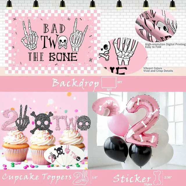 Alt view image 4 of 6 - Costova Bad Two the Bone Party Decorations Girl 110 PCs Bad 2 the Bone Party Supplies with Backdrop, Balloon Garland, Banner, Cake Topper, Balloon Boxes, Cupcake Toppers, Cut-Outs