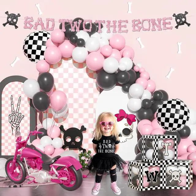 Alt view image 6 of 6 - Costova Bad Two the Bone Party Decorations Girl 110 PCs Bad 2 the Bone Party Supplies with Backdrop, Balloon Garland, Banner, Cake Topper, Balloon Boxes, Cupcake Toppers, Cut-Outs