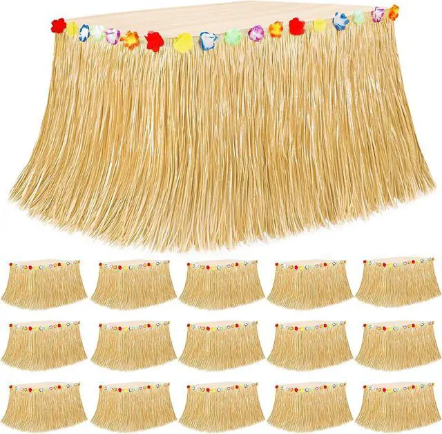 Main image of 16PCS Luau Table Skirt Decor, Gold Hawaiian Themed Grass Table Skirt Party Decorations, 108 X 29.5" Flower Tropical Hula Dance Parties Supplies, Table Skirt Bulk for Summer Beach Themed Activities