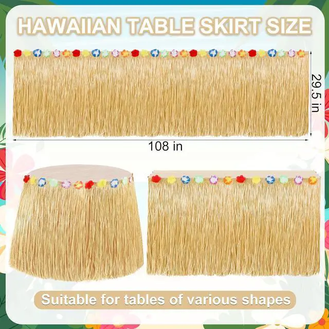 Alt view image 2 of 7 - 16PCS Luau Table Skirt Decor, Gold Hawaiian Themed Grass Table Skirt Party Decorations, 108 X 29.5" Flower Tropical Hula Dance Parties Supplies, Table Skirt Bulk for Summer Beach Themed Activities