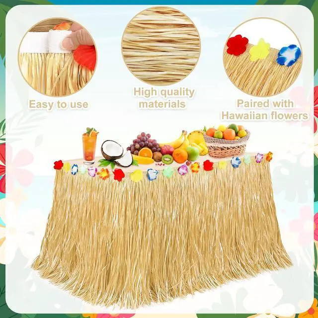 Alt view image 3 of 7 - 16PCS Luau Table Skirt Decor, Gold Hawaiian Themed Grass Table Skirt Party Decorations, 108 X 29.5" Flower Tropical Hula Dance Parties Supplies, Table Skirt Bulk for Summer Beach Themed Activities