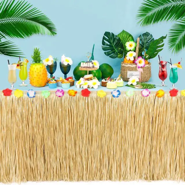 Alt view image 4 of 7 - 16PCS Luau Table Skirt Decor, Gold Hawaiian Themed Grass Table Skirt Party Decorations, 108 X 29.5" Flower Tropical Hula Dance Parties Supplies, Table Skirt Bulk for Summer Beach Themed Activities