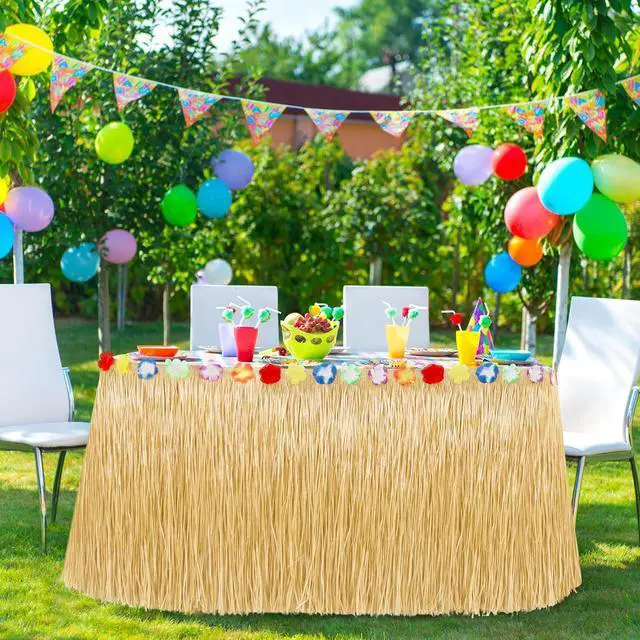 Alt view image 5 of 7 - 16PCS Luau Table Skirt Decor, Gold Hawaiian Themed Grass Table Skirt Party Decorations, 108 X 29.5" Flower Tropical Hula Dance Parties Supplies, Table Skirt Bulk for Summer Beach Themed Activities