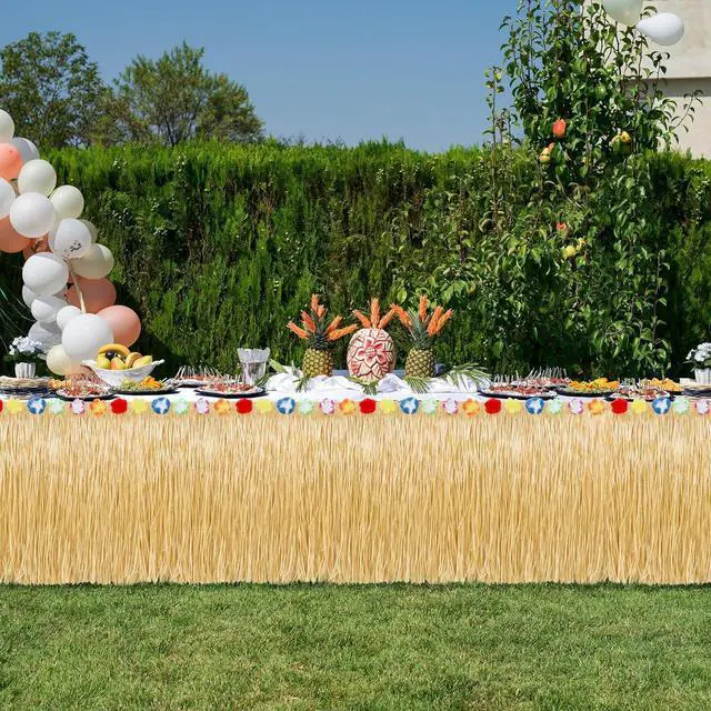 Alt view image 6 of 7 - 16PCS Luau Table Skirt Decor, Gold Hawaiian Themed Grass Table Skirt Party Decorations, 108 X 29.5" Flower Tropical Hula Dance Parties Supplies, Table Skirt Bulk for Summer Beach Themed Activities