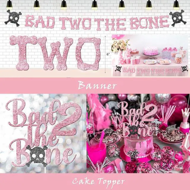 Alt view image 5 of 6 - Costova Bad Two the Bone Party Decorations Girl 110 PCs Bad 2 the Bone Party Supplies with Backdrop, Balloon Garland, Banner, Cake Topper, Balloon Boxes, Cupcake Toppers, Cut-Outs