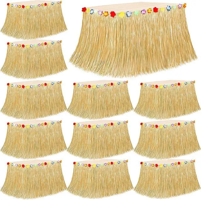Main image of 12PCS Luau Table Skirt Decor, Gold Hawaiian Themed Grass Table Skirt Decor, Luau Party 108 X 29.5" Flower Tropical Hula Dance Parties Supplies, Table Skirt for Hawaiian Summer Beach Themed Party