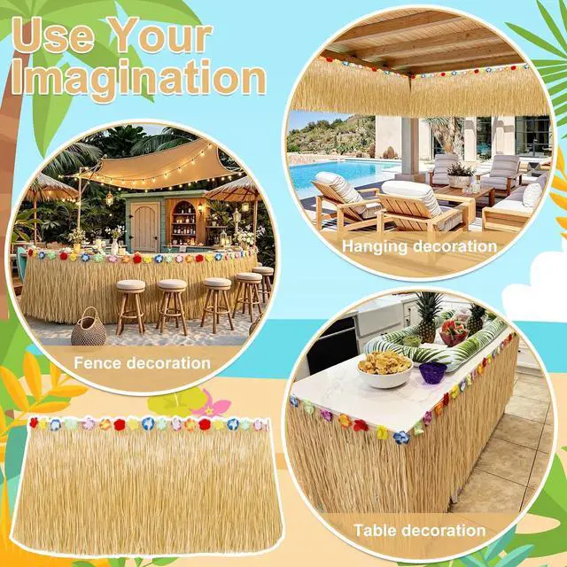 Alt view image 5 of 7 - 12PCS Luau Table Skirt Decor, Gold Hawaiian Themed Grass Table Skirt Decor, Luau Party 108 X 29.5" Flower Tropical Hula Dance Parties Supplies, Table Skirt for Hawaiian Summer Beach Themed Party