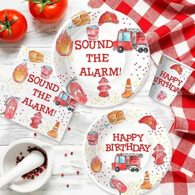 Alt view image 6 of 7 - Fire Truck Birthday Party Supplies - Firetruck Firefighter Birthday Party Decorations Tableware Include 9" Fire Truck Party Plates, 7" Plate, Cups, Napkins, Fireman Party Supplies | Serve 48