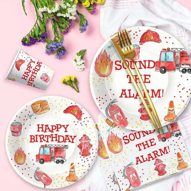 Alt view image 7 of 7 - Fire Truck Birthday Party Supplies - Firetruck Firefighter Birthday Party Decorations Tableware Include 9" Fire Truck Party Plates, 7" Plate, Cups, Napkins, Fireman Party Supplies | Serve 48
